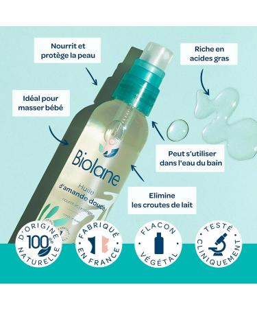 BIOLANE - Sweet almond oil - Baby - Moisturizes and protects the skin - Vitamin E - Care - Bath - Massage - 100% natural origin - Made in France - Buy Online on GoSupps.com