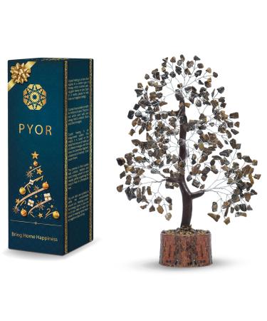 PYOR Tiger Eye Chakra Tree - Crystals and Stones - Spiritual Gift - Feng Shui Figurine Ornament Office Home Decor Bonsai Chakra Stones Good Luck Prosperity Wealth Fortune Tiger Eye Silver Wire