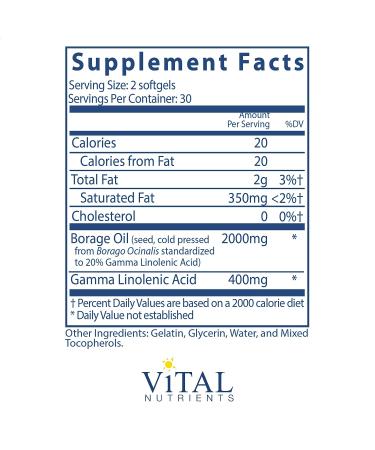 Vital Nutrients Borage Oil- High GLA Omega 6 for Joint & Nerve Support- 60 Softgels - Buy Online on GoSupps.com
