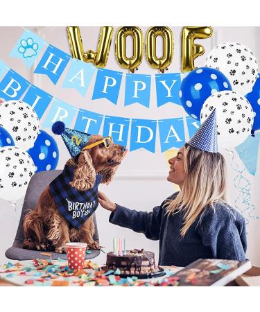 Dog Birthday Party Accessories | Bandana Hat Banner Set & Balloons - Celebrate with Stylish Decorations in Blue Gold & Black! - Buy Online on GoSupps.com