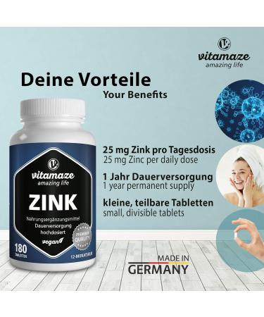 Buy Zinc Tablets 25 mg - High Dose Vegan Supplements (50 mg/tablet) - 12 Months Supply - Natural & Additive-Free - Made in Germany - Buy Online on GoSupps.com