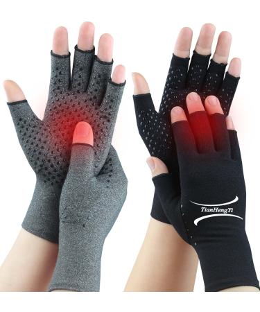 2 Pairs Arthritis Gloves for Pain Relief Compression Gloves for Arthritis Carpal Tunnel Osteoarthritis Joint Typing Driving Fingerless Hand Gloves for Women Men (Grey1+Pure Black1 Small) Small Grey1+pure Black1