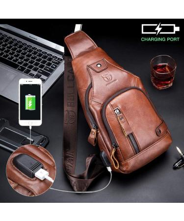 BULLCAPTAIN Genuine Leather Sling Backpack | USB Charging Port | Multi-pocket Chest Bag | Hiking Travel Daypack XB-129 Brown - Buy Online on GoSupps.com