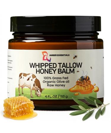 AMBER ESSENTIALS Beef Tallow & Honey Balm All-Natural Moisturizer with Raw Honey & Olive Oil Grass-Fed Tallow Cream for Face & Body Deeply Nourishing Skin Care for Women & Men Rich Moisture