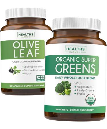 Olive Leaf Extract & Organic Super Greens (4-Month Supply) Pure Plant Power Bundle of Olive Leaf Extract (120 Capsules) Super Strength & Organic Super Greens (180 Tabets) Organic Superfood