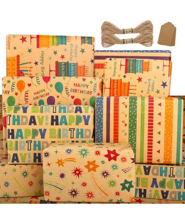 Wrapping Paper Sheets-Birthday Wrapping Paper for Women Men Girls Boys Female Male-Kraft Recycled Gift Wrapping Paper Set Birthday Gift Wrap Paper and Tags and String for Present Wrapping Paper-Eco Wrapping Paper Birthday Paper Wrapping Birthday Wrap Pape