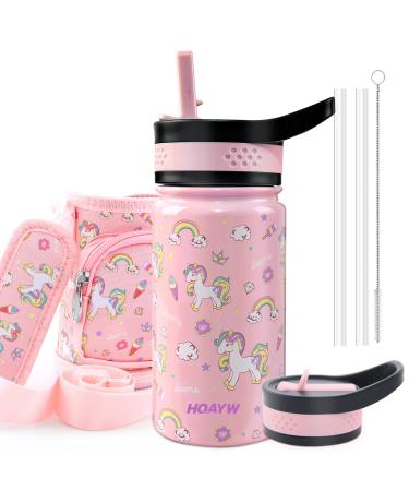 HQAYW Girls Water Bottles for School  14oz Kids Water Bottle Stainless Steel  Insulated Water Bottle with Straw Cap Leakproof  Wide-Mouth BPA Free Tumbler Cups Metal Canteen for Sports  Unicorn