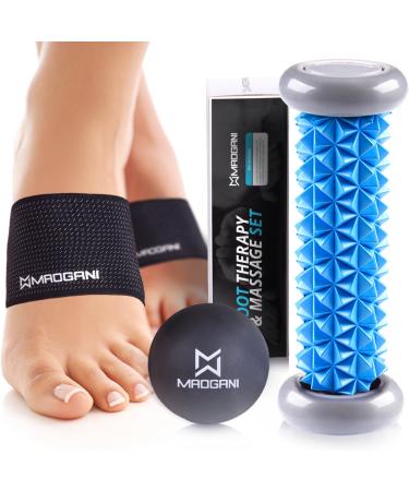Foot Massager Foam Roller Ball & Arch Support - Relieve Plantar Fasciitis, Foot Pain, Stress, Sore Arch, Heel, Hand, Muscle, Neuropathy - Relaxation Gifts for Women & Men - 2 Copper Compression Braces 1 Spiky Blue Foam Rol