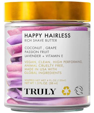 Truly Happy Hairless Shave Butter - Smooth N' Silky Shave Butter For Women with Coconut Shave Cream - Vegan and Cruelty Free Shaving Butter for Women - 1.3 OZ