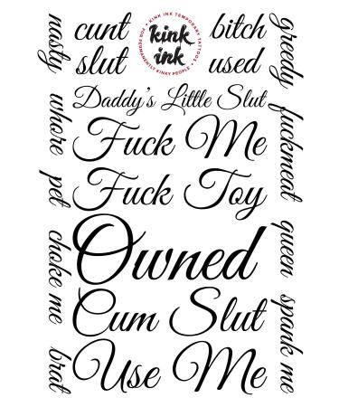 Kink Ink - 17 x Cursive Temporary Tattoo Lettering in Black Sexy Kinky A4 Sheet