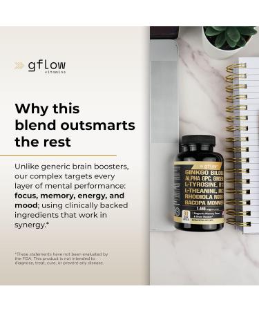 gflow vitamins Ginkgo Biloba Alpha GPC Supplement with Panax Ginseng L Tyrosine with L Theanine Bacopa monnieri Rhodiola Rosea Phosphatidylserine B12 MCT DMAE - Complex | Made in USA - Buy Online on GoSupps.com