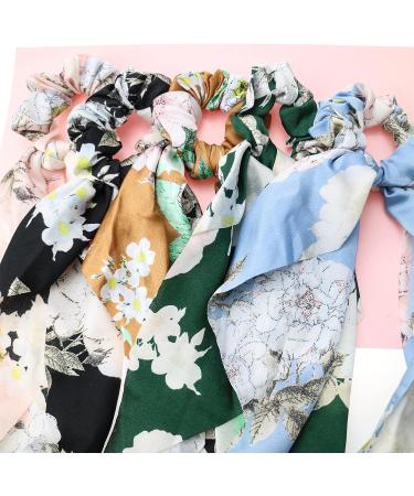 Satin Floral Hair Scrunchies Set - 5 Pcs Bowknot Elastic Hairbands for Women & Girls | Hair Scarf Ponytail Holder Accessories - Pattern 2 - Buy Online on GoSupps.com