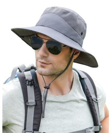 Koreshion Mens Womens Sun Hat Wide Brim Breathable Mesh UPF 50+ Waterproof Fishing Hat Safari Hat Foldable Boonie Cap Deep Gray