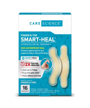 Care Science Fast Healing Hydrocolloid Gel Bandages, Fingers & Toes, Assorted Sizes, 16 ct | 100% Waterproof Seal Promotes Up to 2X Faster Healing, Reduces Scarring, for Wound Care or Blisters