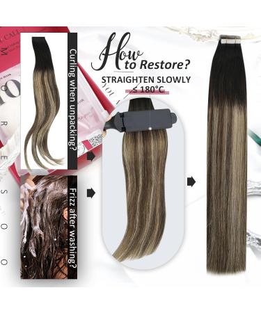 Moresoo Tape In Extensions - 60cm Remy Hair Balayage Black to Dark Brown with Caramel Blonde #1B/3/27 | 50g Adhesive Strip Extensions - Buy Online on GoSupps.com