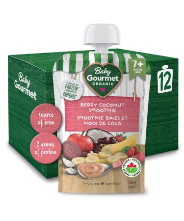 Baby Gourmet Organic Fruit & Veggie PLUS Puree Baby Food Pouches Berry Coconut Smoothie - No Added Sugar Or Salt Non GMO No Fillers Gluten Free Peanut Free - (128ml) 12 Pouches