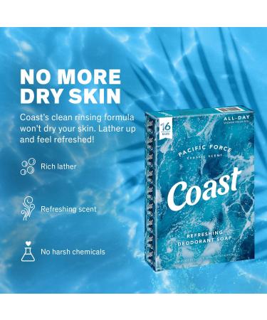 Coast Refreshing Deodorant Soap Bar - 16 Bars - Classic Pacific Force Scent - Energizing and Cleansing Formula - 16 Count Pack - Buy Online on GoSupps.com