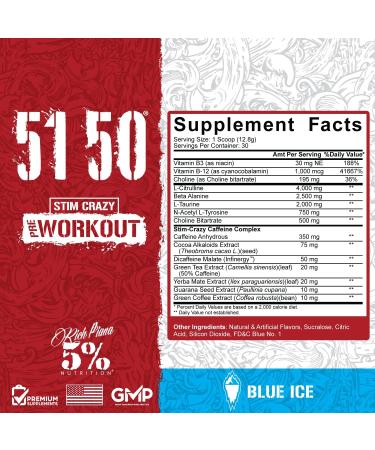 5% Nutrition Rich Piana 5150 High Stim Pre-Workout Powder - Extreme Energy & Focus | 350mg Caffeine, Citrulline, Beta Alanine | 30 Srvgs - Blue Ice - Buy Online on GoSupps.com