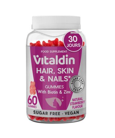 VITALDIN Gummies Cheveux Peau & Ongles 2500 g de Biotine Soin des Cheveux Avec Zinc et Vitamines C & E V ganes Sans Sucre Sans Gluten 60 Gummies 1 Mois Saveur Fraise