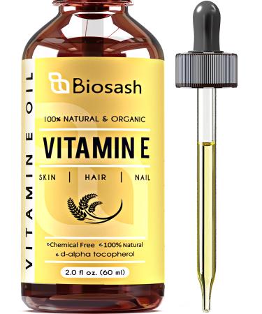 Biosash Vitamin E Oil for Skin & Face Naturally Sourced Plant-Based Organic 100% Pure Vitamin E Oil for Hair Growth d-Alpha-tocopherol Body Oil for Women & Men Moisturizes Skin Hair Nails 60ml
