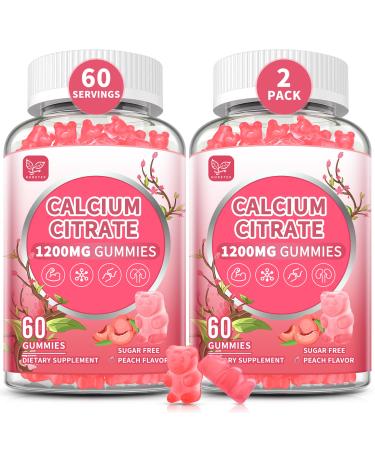 (2 Pack) Pure Calcium Citrate Gummies 1200 mg for Women & Men Calcium Citrate Supplements High Absorption for Bone Muscle Healthy - Easy to Digest Sugar Free Vegan Peach Flavor 60 Day Supply 60 Count (Pack of 2)