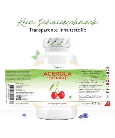 Acerola Capsules - Premium Natural Vitamin C - 750mg x 365 Capsules - Vegan No Additives Lab Tested - 12 Month Supply - Buy Online on GoSupps.com