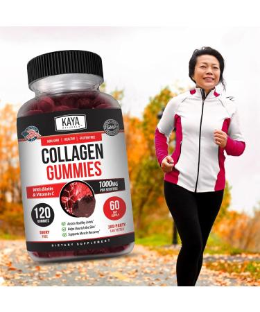 Kaya Naturals Collagen Gummy for Men & Women 120 Count 1000mg of Hydrolyzed Collagen Vitamin C Selenium & Biotin Collagen/Strawberry Flavor (120 Gummies) 120 Count (Pack of 1) - Buy Online on GoSupps.com