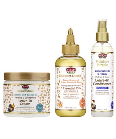 African Pride Moitions Miracle Leave in Conditioner Leavein Cream and Miracle 5 Essentil oils for hair to strengthen and protect SET Coconut oil Honey Cocchars Coconut oil and Melk