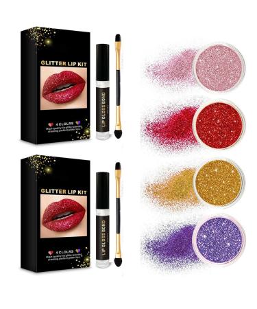 Sheglittary Glitter Lip Kit Cosmetics Glitter Lip Kit 4 Colors Diamond Glitter Lip Kit Lipgloss for Women Glitter Lipgloss Non-stick High Pigment Glitter Lip Stick Kit(2)