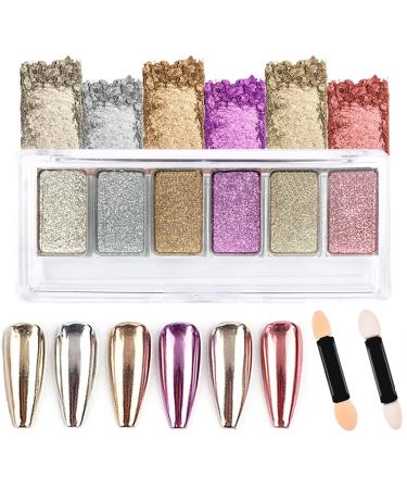 UIIOPJIOM 6 Colors Chrome Nail Powder , Holographic Metallic Mirror Effect Nail Art Powder , Gold Rose Pink Nail Pigment Glitter Powder with 2Pcs Eyeshadow Sticks for Salon DIY Nail Art Supplies