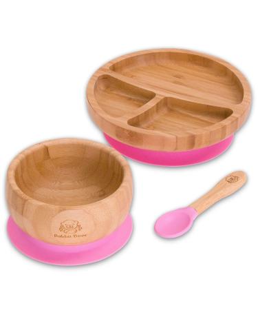 Bubba Bear Baby Weaning Set | Bamboo Plates Bowls & Spoons for Toddler Led Feeding | Suction Plate Bowl & Spoon Sets for Babies from 6 Months | Optional Matching Kids BLW Bib (Pink)