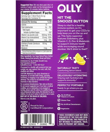 OLLY Immunity Powder Nighttime Support with Melatonin, Elderberry, Vitamin C, D, Zinc - 10 Pack Lemon Flavor - Buy Online on GoSupps.com