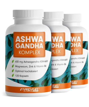 Ashwagandha capsules high dose 360x - 600 mg Ashwagandha KSM -66 per day - Ashwagandha complex with magnesium zinc & vitamin B6 - without undesirable additives - laboratory test - 100% vegan 3x 120 capsules