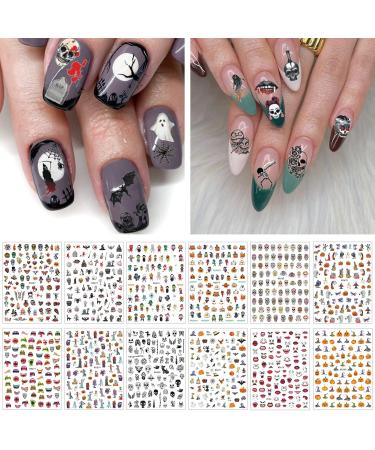 12 Sheets Halloween Nail Stickers EBANKU 3D Halloween Self-Adhesive Pumpkin Skull Ghost Bat Grave Nail Decals DIY Nail Decorations for Halloween Party