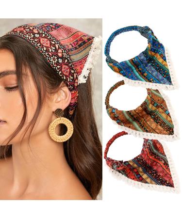 TOBATOBA Boho Bandana Headbands for Women  3Pcs Boho Headband Hair Scarf Headbands  Triangle Hair Bandana Head Scarf with Clips  Head Coverings for Women  Hair Cottagecore Accessories for Women Girls