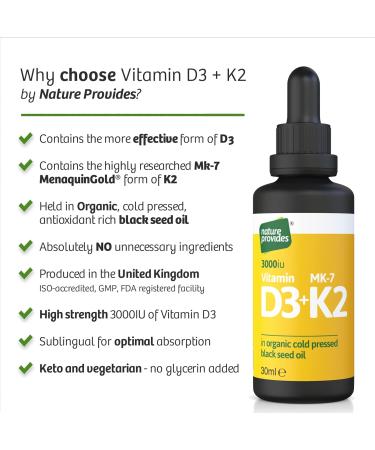 High Strength Vitamin D3 & K2 (MK-7) Organic Black Seed Oil 30ml - 3000IU Immune Support Drops - Made in UK - Buy Online on GoSupps.com