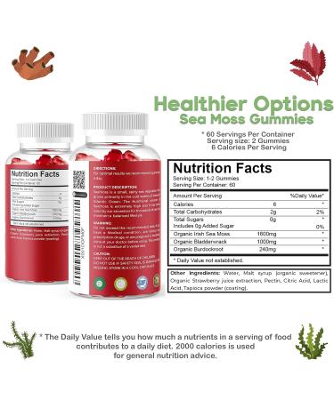 Organic Irish Sea Moss Gummies with Bladderwrack & Burdock Root - 2840 Mg | 60 Gummies | Strawberry Flavour | Vegan Gluten Free Non GMO - Buy Online on GoSupps.com