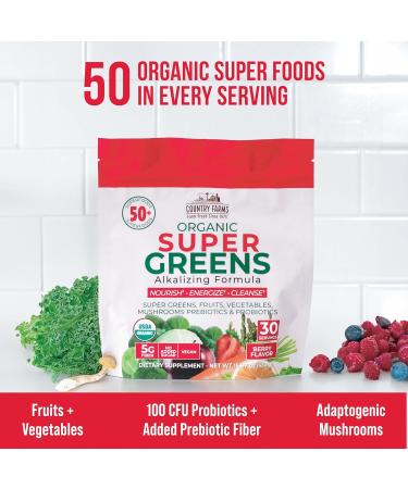 Country Farms Super Greens Berry Flavor, 50 Organic Super Foods, USDA Organic Drink Mix (Wheat Grass, Spirulina, Chlorella) Mushrooms & Probiotics, with Fiber, Gut Health, Natural Energy, 30 Servings Berry 15.87 Ounce (Pack  - Buy Online on GoSupps.com