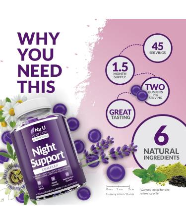 Nu U Nutrition Night Support Sleep Gummies - 90 Vegan Gummies with Griffonia Simplicifolia, L-Theanine, Lavender, Lemon Balm & Chamomile - Passionfruit Flavour - Melatonin Alternative for Adults - Buy Online on GoSupps.com