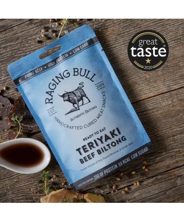 Raging Bull Teriyaki Biltong - Traditional South African Beef Jerky | High Protein & Low Carb Snack | 250g Bag - Buy Online on GoSupps.com