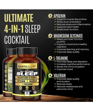 Earth Elixir 4-in-1 Sleep Aid (120 Caps) w/Apigenin 50mg Magnesium Glycinate 200mg L Theanine 200mg & Valerian Root for Sleep Aid 300mg | Apigenin Supplement for Sleep | Sleeping Pills - Buy Online on GoSupps.com
