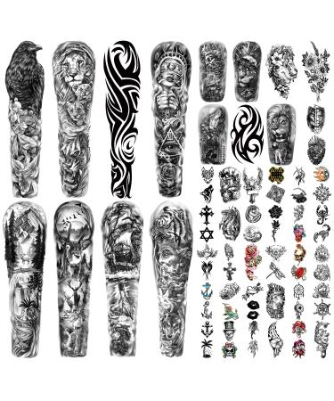 Metuu 46 Sheets Extra Large Full Arm Waterproof Realistic Temporary Tattoo For Men And Women(L22.8 xW7 ) Elk Deer Eagle Lion Wolf Tiger Sailboat Totem Scorpion Tattoo Stickers Suitable For Hand Arm Leg Face