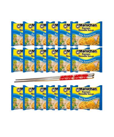 Ja Cor Instant Ramen Noodle Soup Soy Sauce Flavor Noodles 3 oz Bulk Pack Bundle with 1-Set of Reusable Stainless Steel Chopsticks (18 Individual Packs)