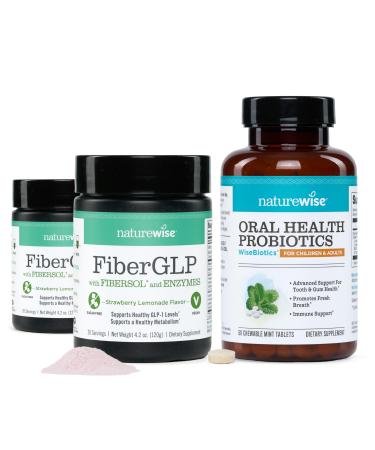 NatureWise (Pack of 2) FiberGLP Powder - Vegan & Sugar Free - Pink Lemonade Flavor - 4 oz 20 Servings + 1 Oral Probiotics - Chewable Sugar-Free Mint Tablet - 50 Count 50-Day Supply