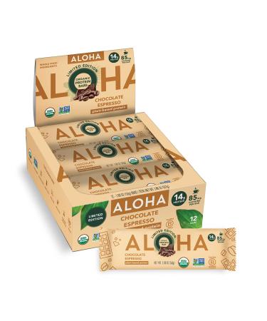 ALOHA Organic Plant Based Protein Bars - Chocolate Espresso (85mg Caffeine) - 12 Bars, Vegan, Low Sugar, Gluten-Free, Paleo, Low Carb, Non-GMO, No Stevia, No Erythritol