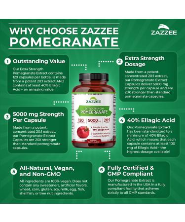 Zazzee Extra Strength Pomegranate 20:1 Extract 5000 mg Strength 40% Ellagic Acid 120 Vegan Capsules 4 Month Supply Standardized Concentrated 20X Extract 100% Vegetarian All-Natural and Non-GMO - Buy Online on GoSupps.com
