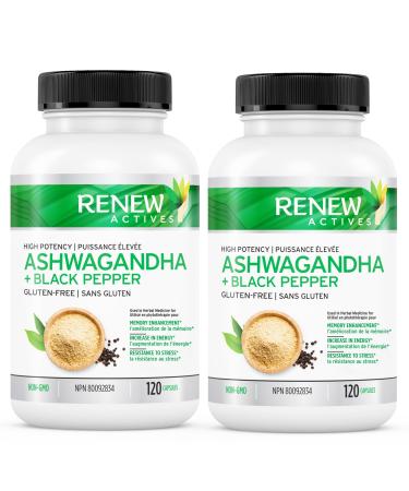 Renew Actives Organic Ashwagandha Capsules + Black Pepper for Maximum Absorption Used in Ayurveda for Sleep Aid Memory Energy & Overall Wellness Non-GMO Vegan Gluten-Free 120 Capsules (2pk) 120 Count (Pack of 2)