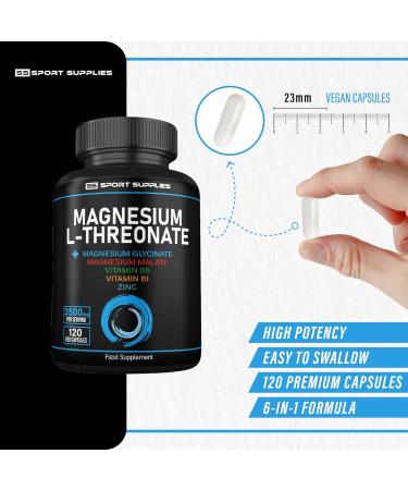 Magnesium L-Threonate 2000mg -120 Capsules - Added Magnesium Glycinate 750mg - Added Magnesium Malate 750mg - Added Vitamin B6 B1 and Zinc - Magnesium Complex - Buy Online on GoSupps.com