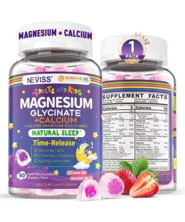 Neviss Magnesium Glycinate + Calcium Filled Gummies for Adults and Kids 4+ Kids Sleep Gummies Melatonin Free Sugar Free Magnesium Supplement with B6 D3 L-Theanine for Zzz & Relax Brain Bone Muscle