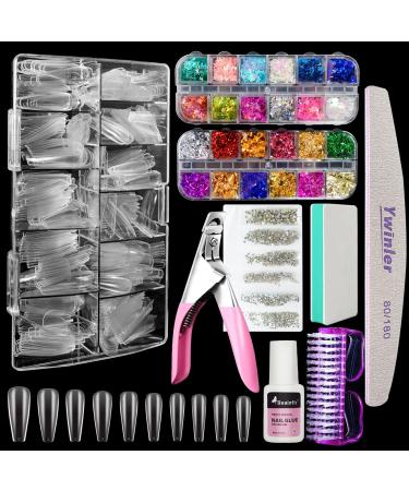 Tips for Geln gel Bainfir 500 pieces of nail tips ballerina 10 sizes press on nails nails tips with glue nail clipper nail file street stones butterfly glitter gold leaf for nail art